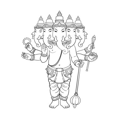 Pancha Mukhi Ganesha 'nın beş başlı ve çoklu kollu çizimi, Hindu fil başarı ve bilgelik tanrısı, ruhani boyama sayfası ve tasarımı için siyah ve beyaz vektör çizimi
