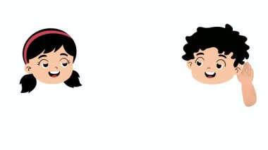 İngilizce kelime bilgisini öğrenmek için kulaklarını işaret eden küçük kız ve oğlanın eğitici çizgi film hareketi. Anaokulu ve anaokulu için vücut parçaları hafıza kartı.