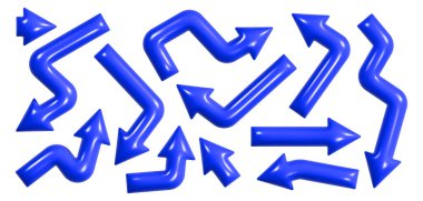 Dinamik üç boyutlu oklar boş bir arkaplanda parlak plastik desenli hareket ve yön gösteriyor