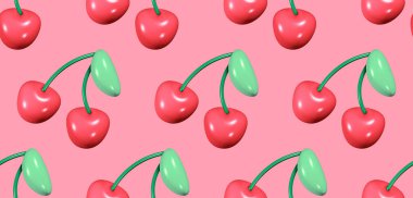 Bright red glossy cherries in a playful pattern on a vibrant pink background create a cheerful pop-art aesthetic perfect for design projects and summer themes.