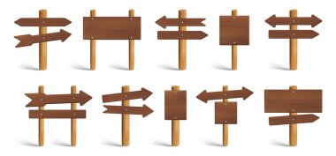 Beyaz arkaplanda macera oyunu kullanıcı arayüzü için koyu ceviz tahtası yön işaretleri ve işaretleri koleksiyonu.