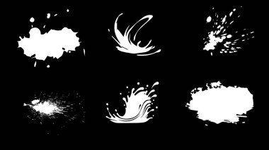 Yaratıcı grafik tasarımı ve sanatsal hareket efektleri için siyah arkaplan üzerine izole edilmiş beyaz sıvı sıçrama ve boya sıçrama vektör elementleri koleksiyonu