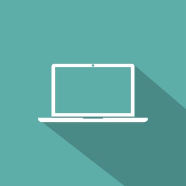 Dizüstü bilgisayar simgesini düz stil yeşil bir arka plan, vektör çizim gölge ile