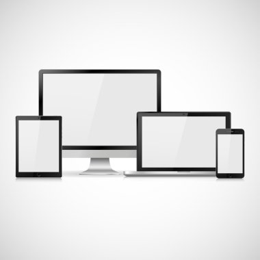 Boş beyaz ekranlı gerçekçi bilgisayar monitörü, dizüstü bilgisayar, tablet ve cep telefonu seti. Beyaz arka planda izole edilmiş çeşitli modern elektronik aygıt. Vektör çizimi