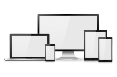Boş beyaz ekranlı gerçekçi bilgisayar monitörü, dizüstü bilgisayar, tablet ve cep telefonu seti. Beyaz arka planda izole edilmiş çeşitli modern elektronik aygıt. Vektör çizimi