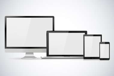Boş beyaz ekranlı gerçekçi bilgisayar monitörü, dizüstü bilgisayar, tablet ve cep telefonu seti. Beyaz arka planda izole edilmiş çeşitli modern elektronik aygıt. Vektör çizimi