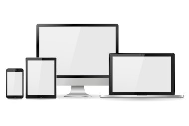 Boş beyaz ekranlı gerçekçi bilgisayar monitörü, dizüstü bilgisayar, tablet ve cep telefonu seti. Beyaz arka planda izole edilmiş çeşitli modern elektronik aygıt. Vektör çizimi
