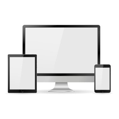 Boş beyaz ekranlı gerçekçi bilgisayar monitörü, dizüstü bilgisayar, tablet ve cep telefonu seti. Beyaz arka planda izole edilmiş çeşitli modern elektronik aygıt. Vektör çizimi