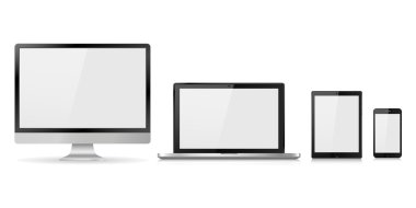 Vektör illüstrasyon modern monitör, dizüstü bilgisayar, tablet ve boş beyaz ekranlı cep telefonu. Beyaz arka planda izole edilmiş çeşitli modern elektronik aygıt. Vektör çizimi