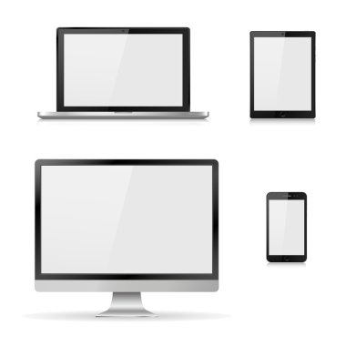 Vektör illüstrasyon modern monitör, dizüstü bilgisayar, tablet ve boş beyaz ekranlı cep telefonu. Beyaz arka planda izole edilmiş çeşitli modern elektronik aygıt. Vektör çizimi
