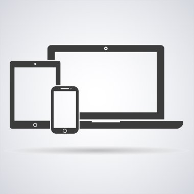 vektör illüstrasyon dizüstü bilgisayar, telefon, tablet siluetleri, boş beyaz ekranile beyaz arka plan üzerinde anahatlar