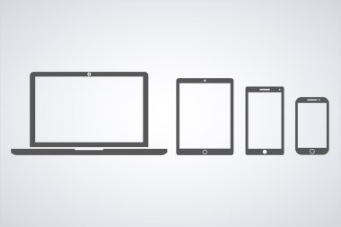 vektör illüstrasyon dizüstü bilgisayar, telefon, tablet siluetleri, boş beyaz ekranile beyaz arka plan üzerinde anahatlar