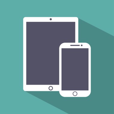 vektör illüstrasyon telefon, tablet siluetleri, arka planda simgeler, boş ekran ile