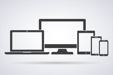 Ekran seti, dizüstü bilgisayar, tablet ve cep telefonları elektronik cihaz anahat simgeleri şablonu, boş ekran, Vektör illüstrasyon