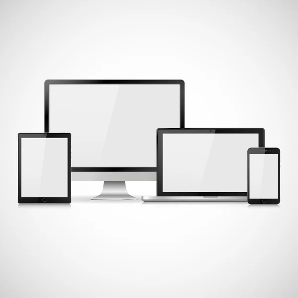 Boş beyaz ekranlı gerçekçi bilgisayar monitörü, dizüstü bilgisayar, tablet ve cep telefonu seti. Beyaz arka planda izole edilmiş çeşitli modern elektronik aygıt. Vektör çizimi