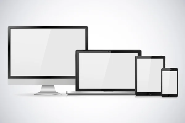 Boş beyaz ekranlı gerçekçi bilgisayar monitörü, dizüstü bilgisayar, tablet ve cep telefonu seti. Beyaz arka planda izole edilmiş çeşitli modern elektronik aygıt. Vektör çizimi — Stok Vektör