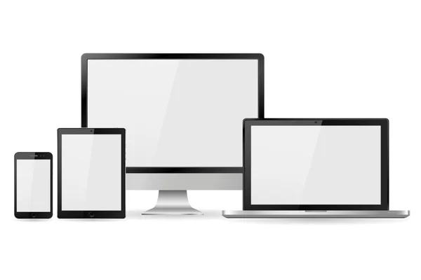 Boş beyaz ekranlı gerçekçi bilgisayar monitörü, dizüstü bilgisayar, tablet ve cep telefonu seti. Beyaz arka planda izole edilmiş çeşitli modern elektronik aygıt. Vektör çizimi