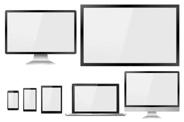 Boş beyaz ekranlı gerçekçi Tv, lcd, led, bilgisayar monitörü, dizüstü bilgisayar, tablet ve cep telefonu seti. Beyaz arka planda izole edilmiş çeşitli modern elektronik aygıt. Vektör çizimi