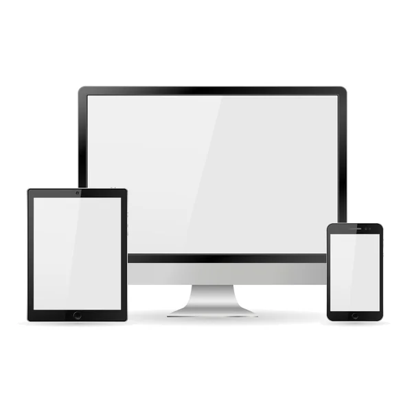 Boş beyaz ekranlı gerçekçi bilgisayar monitörü, dizüstü bilgisayar, tablet ve cep telefonu seti. Beyaz arka planda izole edilmiş çeşitli modern elektronik aygıt. Vektör çizimi