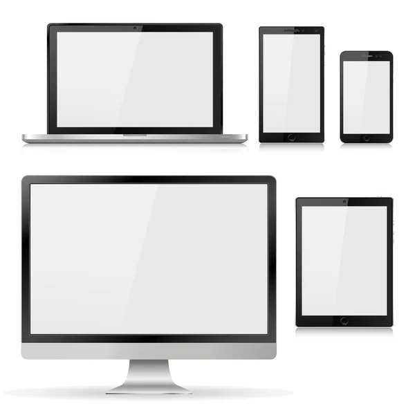 खाली सफेद स्क्रीन के साथ वास्तविक कंप्यूटर मॉनिटर, लैपटॉप, टैबलेट और मोबाइल फोन का सेट। विभिन्न आधुनिक इलेक्ट्रॉनिक गैजेट सफेद पृष्ठभूमि पर अलग हैं। वेक्टर चित्र — स्टॉक वेक्टर