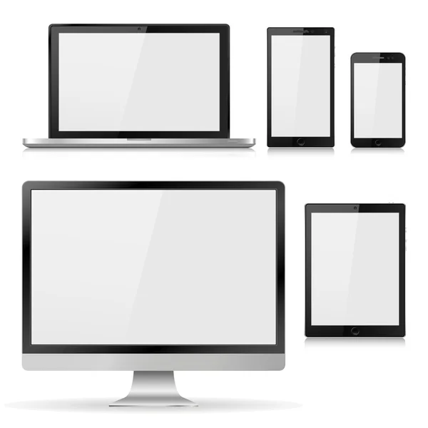 Boş beyaz ekranlı gerçekçi bilgisayar monitörü, dizüstü bilgisayar, tablet ve cep telefonu seti. Beyaz arka planda izole edilmiş çeşitli modern elektronik aygıt. Vektör çizimi