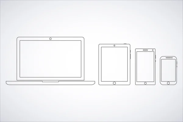 vektör illüstrasyon dizüstü bilgisayar, telefon, tablet siluetleri, boş beyaz ekranile beyaz arka plan üzerinde anahatlar