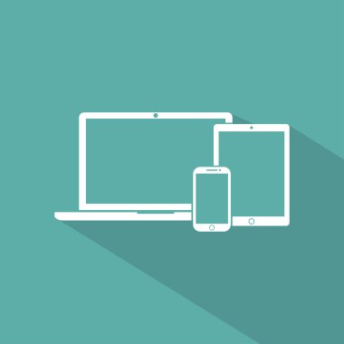 dizüstü bilgisayar, telefon, tablet elektronik cihaz anahat simgeleri şablon bir yeşil arka plan düz stil, şık vektör çizim gölge ile