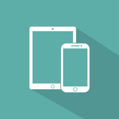 telefon, tablet elektronik cihaz anahat simgeleri şablon bir yeşil arka plan düz stil, şık vektör çizim gölge ile