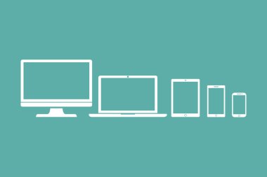 Ekran seti, dizüstü bilgisayar, tablet ve cep telefonları elektronik cihaz anahat simgeleri şablonu, şık vektör illüstrasyon