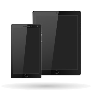 Beyaz arka planda izole edilmiş mobil akıllı telefona sahip modern dijital tablet Pc. Vektör çizimi
