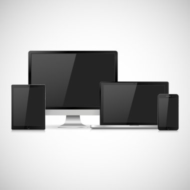 Gerçekçi bilgisayar monitör, dizüstü bilgisayar, tablet ve cep telefonu ile boş perde kümesi. Beyaz arka plan üzerinde izole çeşitli modern elektronik Gadget'ı. Vektör çizim Eps10