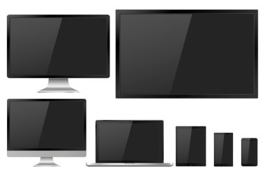 Boş ekranlı gerçekçi Tv, lcd, led, bilgisayar monitörü, dizüstü bilgisayar, tablet ve cep telefonu seti. Beyaz arka plan, şık vektör illüstrasyon izole çeşitli modern elektronik gadget