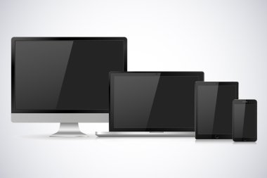 Gerçekçi bilgisayar monitör, dizüstü bilgisayar, tablet ve cep telefonu ile boş perde kümesi. Beyaz arka plan üzerinde izole çeşitli modern elektronik Gadget'ı. Vektör çizim Eps10