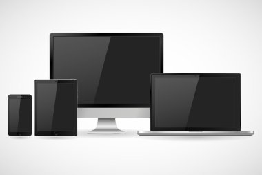 Gerçekçi bilgisayar monitör, dizüstü bilgisayar, tablet ve cep telefonu ile boş perde kümesi. Beyaz arka plan üzerinde izole çeşitli modern elektronik Gadget'ı. Vektör çizim Eps10