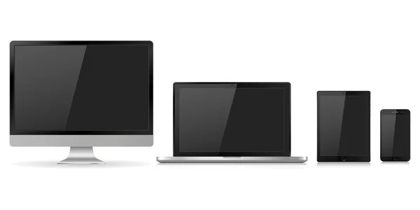 Vektör illüstrasyon modern monitör, dizüstü bilgisayar, tablet ve boş beyaz ekranlı cep telefonu. Beyaz arka planda izole edilmiş çeşitli modern elektronik aygıt. Vektör illüstrasyon Eps10
