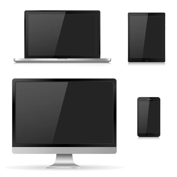Illustrazione vettoriale monitor moderno, laptop, tablet e telefono cellulare con schermo bianco vuoto. Vari gadget elettronici moderni isolati su sfondo bianco. Illustrazione vettoriale EPS10 — Vettoriale Stock
