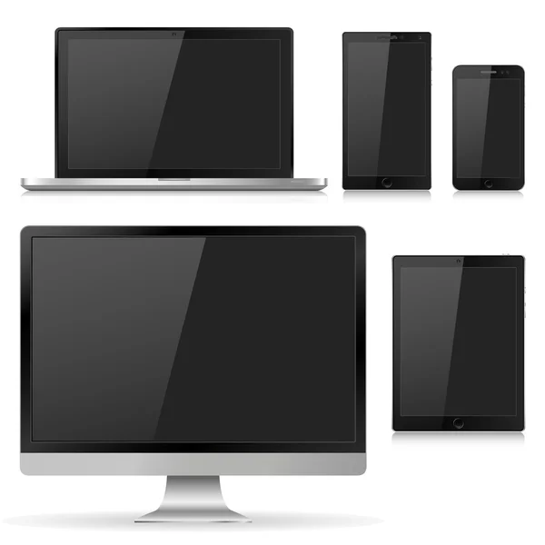 一套实用的电脑显示器、笔记本电脑、平板电脑和带有空白白屏的手机。在白色背景上孤立的各种现代电子产品。矢量说明EPS10 — 图库矢量图片