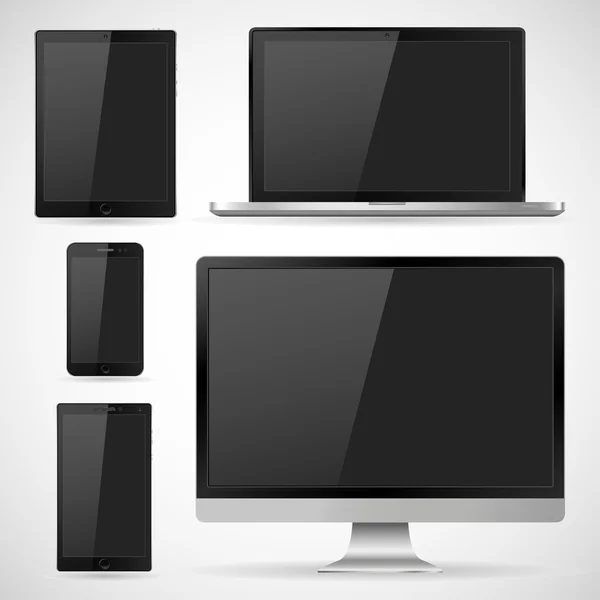 Vektör illüstrasyon modern monitör, dizüstü bilgisayar, tablet ve boş beyaz ekranlı cep telefonu. Beyaz arka planda izole edilmiş çeşitli modern elektronik aygıt. Vektör illüstrasyon Eps10