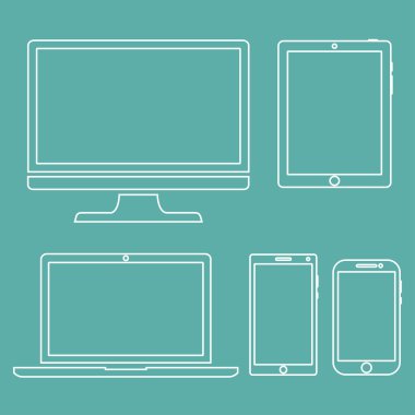 Yeşil arka plan üzerinde ekran, dizüstü bilgisayar, tablet ve cep telefonları elektronik cihaz anahat simgeleri şablonu ayarlayın. Vektör çizimi