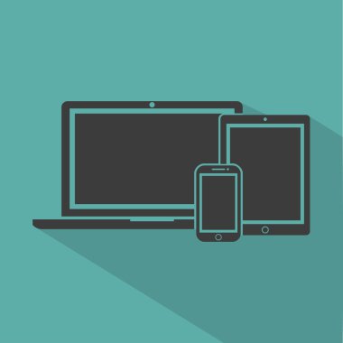 dizüstü bilgisayar, telefon, tablet elektronik cihaz anahat simgeleri şablon bir yeşil arka plan düz stil, şık vektör çizim gölge ile
