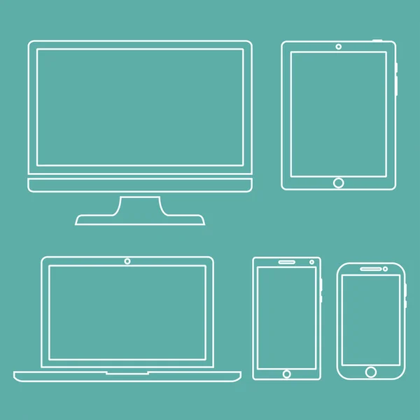 Yeşil arka plan üzerinde ekran, dizüstü bilgisayar, tablet ve cep telefonları elektronik cihaz anahat simgeleri şablonu ayarlayın. Vektör çizimi