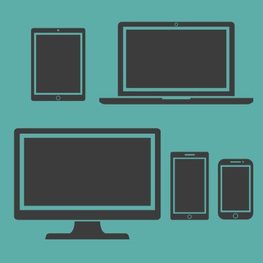 Ekran seti, dizüstü bilgisayar, tablet ve cep telefonları elektronik cihaz anahat simgeleri şablonu, şık vektör illüstrasyon