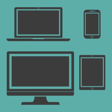 Ekran seti, dizüstü bilgisayar, tablet ve cep telefonları elektronik cihaz anahat simgeleri şablonu, şık vektör illüstrasyon
