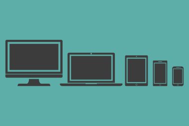 Ekran seti, dizüstü bilgisayar, tablet ve cep telefonları elektronik cihaz anahat simgeleri şablonu, şık vektör illüstrasyon