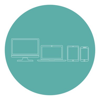 Ekran seti, dizüstü bilgisayar, tablet ve cep telefonları siluetleri elektronik cihaz simgeleri düz stil yeşil bir arka plan, vektör illüstrasyon şık