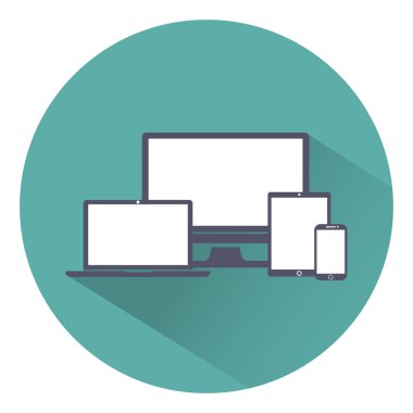 Görüntü, dizüstü bilgisayar, tablet ve cep telefonlarına elektronik aygıt simgeleri düz stil üzerinde yeşil bir arka plan, vektör çizim şık set