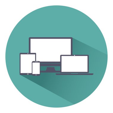 Görüntü, dizüstü bilgisayar, tablet ve cep telefonlarına elektronik aygıt simgeleri düz stil üzerinde yeşil bir arka plan, vektör çizim şık set