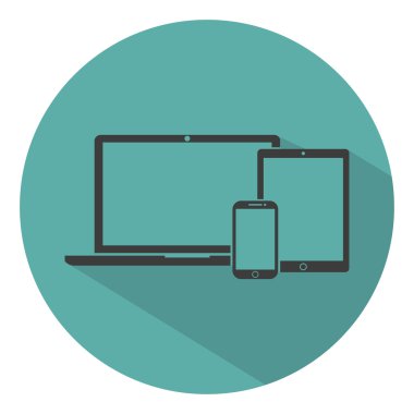 dizüstü bilgisayar, telefon, tablet elektronik cihaz anahat simgeleri şablon bir yeşil arka plan düz stil, şık vektör çizim gölge ile