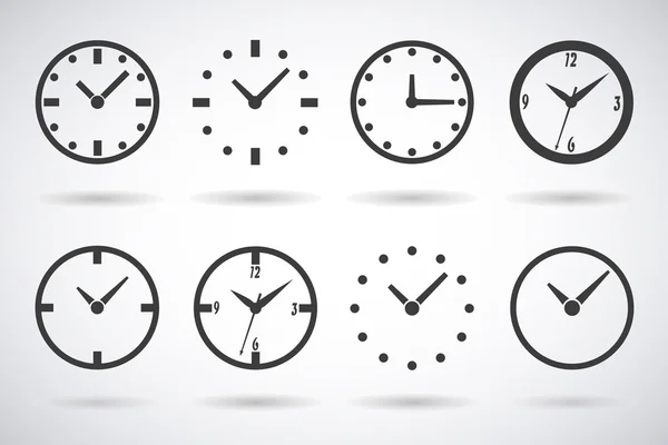 Icone dell'orologio, quadranti set di 8 pezzi con ombra isolato elegante illustrazione vettoriale — Vettoriale Stock