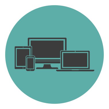 Aygıt simgelerini: üzerinde yeşil bir arka plan stili izole akıllı telefon, tablet, dizüstü bilgisayar ve masaüstü bilgisayar düz. Duyarlı web tasarım şık vektör çizim.